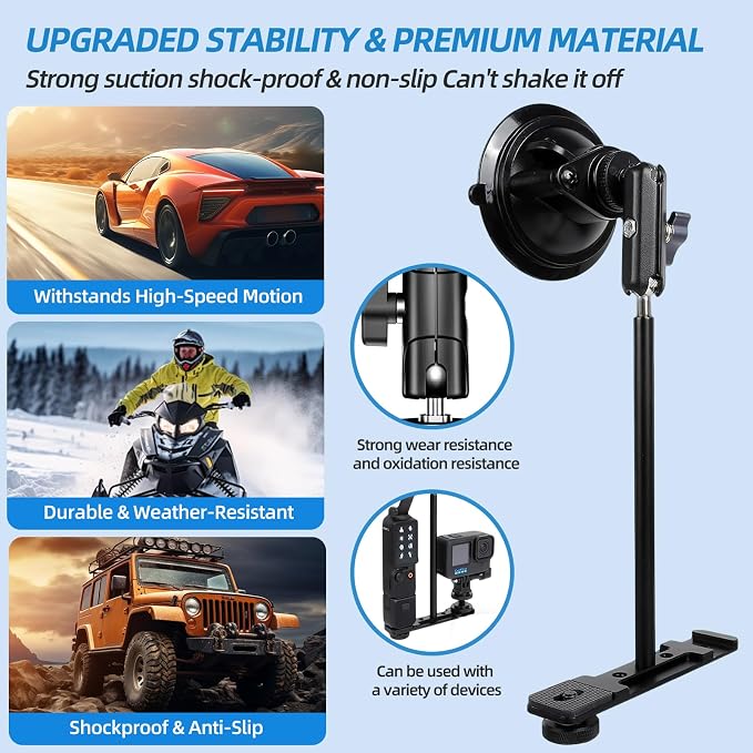 OmniMaster Suction Cup Mount for DJI Osmo Pocket 3, Action, GoPro, Insta360, Phones, Car Windshield Camera Holder DJI GoPro Insta360 Phone Accessories Selfie Lights, Microphones