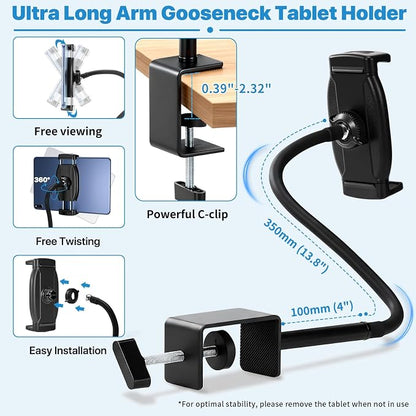Tablet Stand Holder for Desk, Gooseneck iPad Holder Clamp Mount, 360° Adjustable Arm Mount for iPad mini/Air/Pro、Kindle Fire, Galaxy Tabs, All 4.7"-13.5" Tablets, for Work Meetings, Video, Kitchen