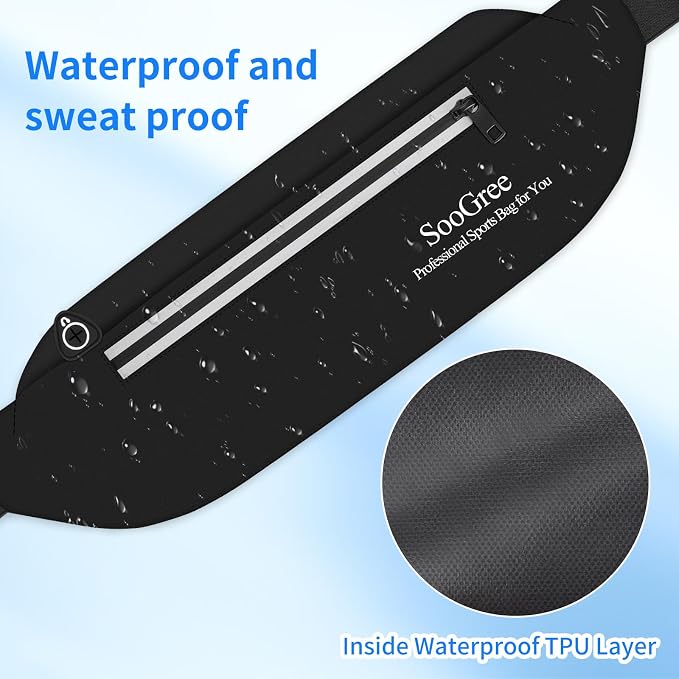 SooGree Running Waist Pack for Men Women, Lightweight Waterproof Sports Belt Bag, Phone Running Pouch, Night Reflective Fitness Storage Bag for Running Cycling Hiking Traveling (Black)