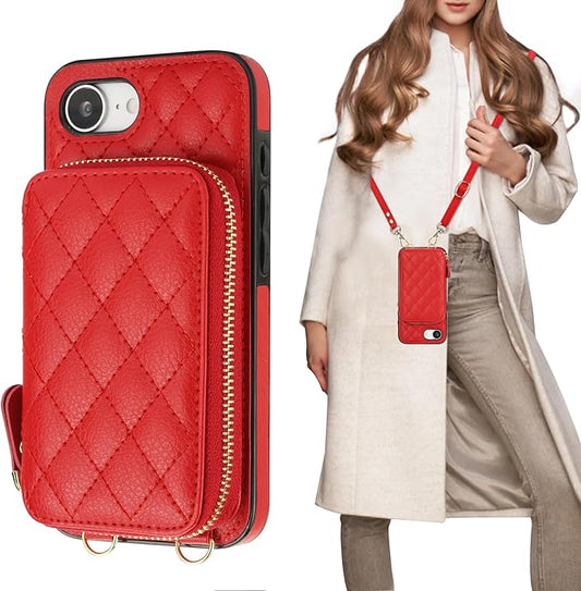 Bocasal Crossbody Wallet Case for iPhone 17e/16e, RFID Blocking PU Leather Zipper Handbag Purse Flip Cover, Kickstand Folio Case with Card Slots Holder Wrist Strap Lanyard 6.1 Inch 5G (Red)
