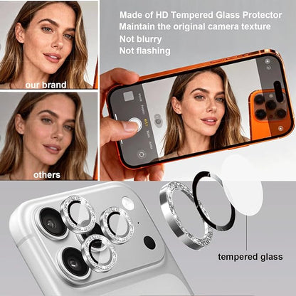 Compatible for iPhone 17/17 Pro/iPhone 17 Pro Max Camera Lens Protector Bling, Cute Sparkle Glitter Camera Cover for Women, Individual Ring, Anti-Scratch (3 Protectors + 1 Extra), Silver