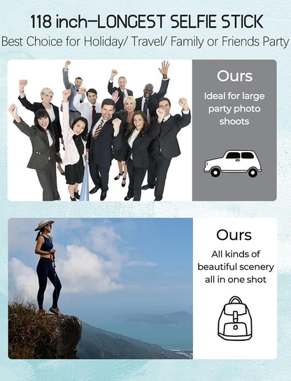 118'' 9.8ft Long Selfie Stick for iPhone, Android, Extended Super Long Pole, Selfie Stick Tripod with Remote, for Selfies/Video Recording, Includes Phone Tripod, Bluetooth Wireless Remote (20 to 118")