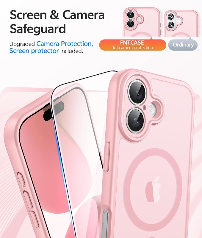 FNTCASE for iPhone 17 Case: [Compatible with Magsafe] Translucent Matte Cases with [Full Camera Protection] [Screen Protector] Military Grade Shockproof Protective Phone Cover - Light Pink