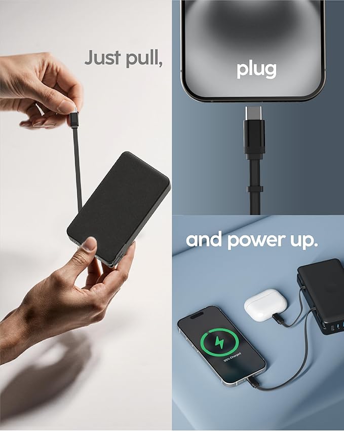 myCharge RetractaCharger 10000mAh Power Bank – 28" Retractable 2 USB-C Cables | Built-in Wall Plug | 30W PD Fast Charging | Digital Battery Display | USB-C/A Ports | Up to 60 Hrs Extra Power | Black