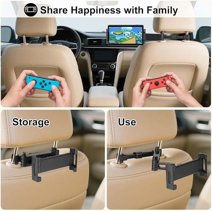 Kairiyard Tablet Holder for Car, 3 in 1 Extension Arm Adjustable Car Headrest Tablet Holder Road Trip Essentials Back Seat Tablets Cars Mount Compatible with iPad Pro, Air, Mini, 4.7-11" Devices