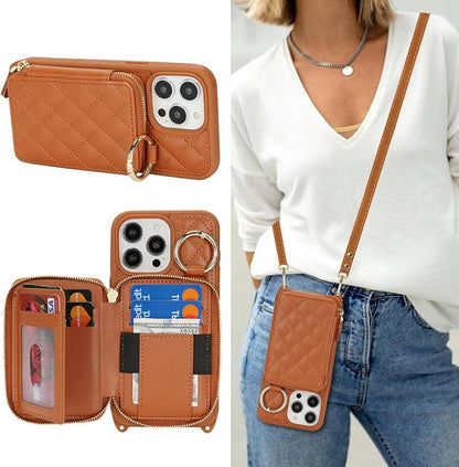 Crossbody Wallet Case for iPhone 14 Pro Max, PU Leather Zipper Handbag Purse Flip Cover, Kickstand Folio Case with Card Slots Holder Wrist Strap Lanyard 5G 6.7 Inch-Brown