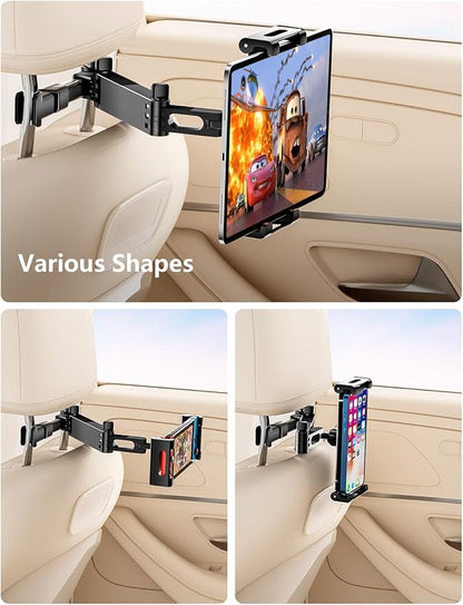 Tablet Holder for Car Headrest, ipad Car Holder Back Seat [3 in 1 Extension Arm], 360° Rotating Adjustable Road Trip Essentials for 4.7-11" iPad Pro, Air, Mini, Galaxy, Fire