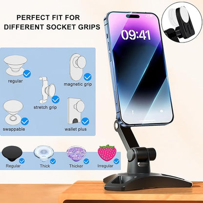 Cell Phone Stand Works for Popsocket, Height Angle Adjustable Desk Phone Holder, Heavy Duty Phone Stand for Desk for Home, Fits for All Sockets Grips
