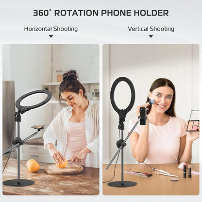 ULANZI Overhead Phone Mount Tripod with Light, 3500k-6500K 10" Desk Ring Light with Stand and Phone Holder for Video Recording, Zoom Meeting, Make Up, Cooking, Selfie, Live Streaming, Tiktok, YouTube