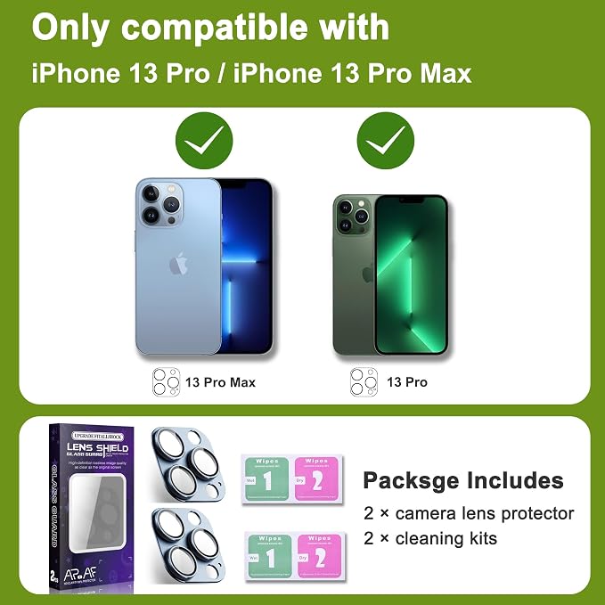 2-Pack Shatterproof Camera Lens Protector for iPhone 13 Pro/13 Pro Max |AR Tempered Glass Strong Adsorption Metal Camera Cover Screen(Far Peak Blue)