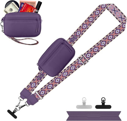 YFWE Clip and Go Strap for Phone with Wallet Crossbody, Adjustable Phone Lanyard with Detachable RFID Wristlet Wallet, Pattern Strap, Dark Purple(M)