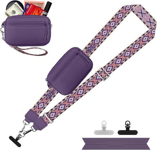 YFWE Clip and Go Strap for Phone with Wallet Crossbody, Adjustable Phone Lanyard with Detachable RFID Wristlet Wallet, Pattern Strap, Dark Purple(M)