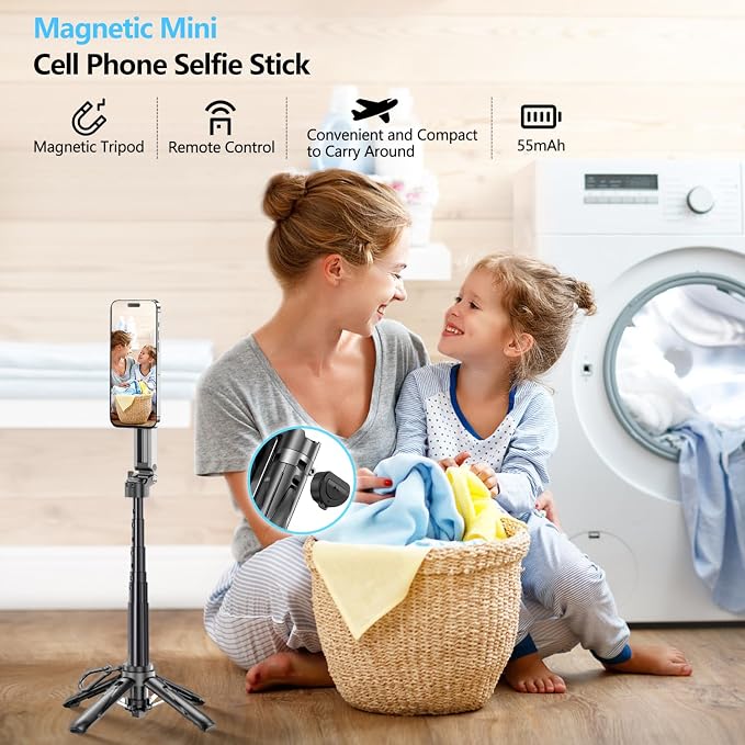 Magnetic Mini Phone Selfie Stick, Mag-Safe 4 in 1 Small Portable Pocket Tripod for iPhone/Android, with Removable Phone Clip, Remote & 2 Fill Light for Photograph/Live Streaming/Video Recording