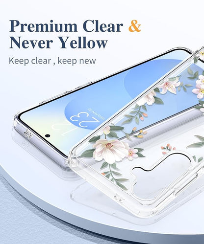GVIEWIN for Samsung Galaxy S25 Plus Case, Clear Floral Slim Shockproof Protective Women Phone Case, Non-Yellowing, with Screen Protector & Camera Lens Protector for S25 Plus 6.7", Magnolia/White