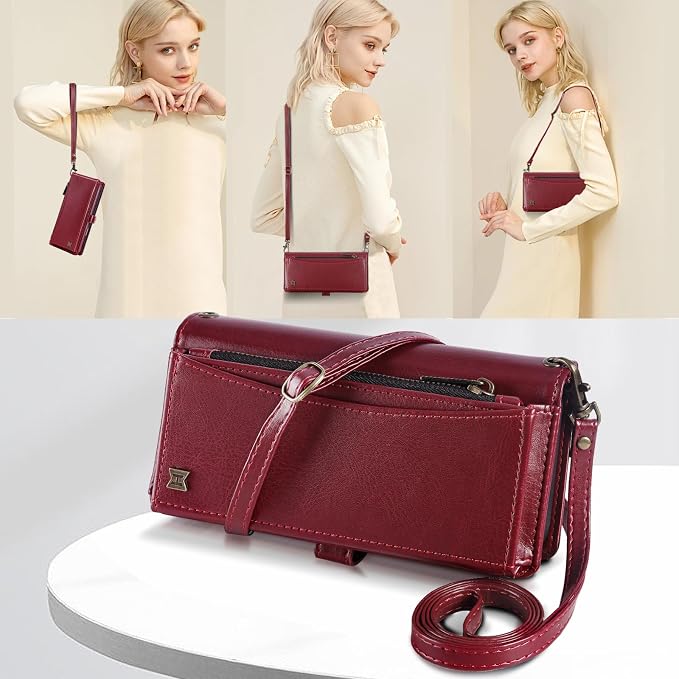 Wallet Case for iPhone 12/12 Pro with Card Holder/Crossbody Wallet/Strap| RFID Blocking | Magnetic | Kickstand | Detachable | PU Leather Phone Case for iPhone 12/12 Pro,6.1 in,Wine Red