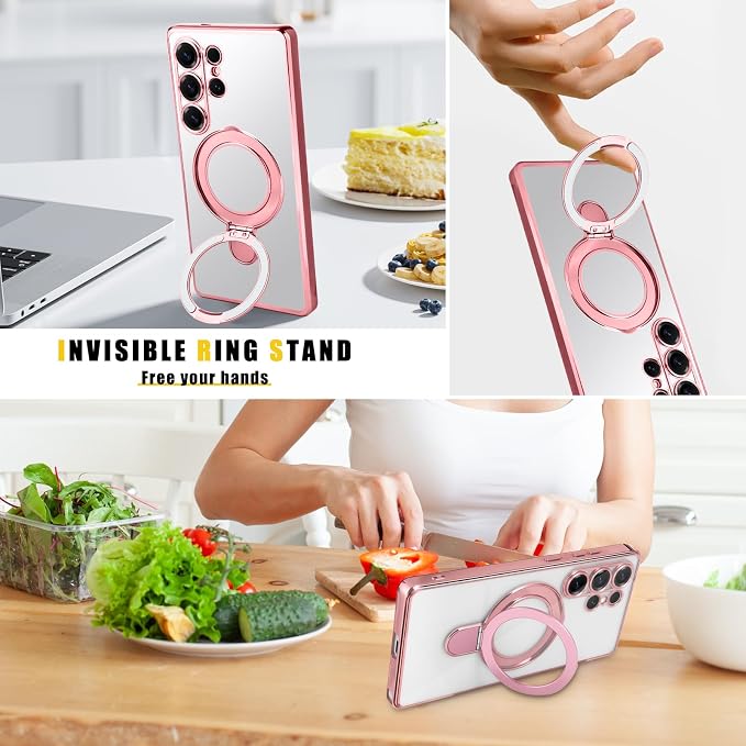 Magnetic for Samsung Galaxy S24 Ultra Case Stand & Ring Holder Compatible with MagSafe Built-in Camera Lens Protector Phone Case for Samsung S24 Ultra - Pink