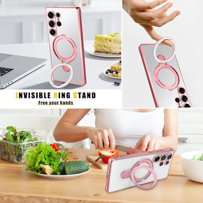 Magnetic for Samsung Galaxy S24 Ultra Case Stand & Ring Holder Compatible with MagSafe Built-in Camera Lens Protector Phone Case for Samsung S24 Ultra - Pink