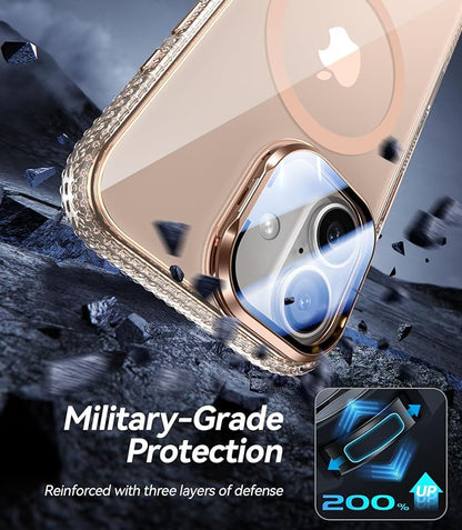 [Upgraded Full Camera Protection] for iPhone 17 Case with Camera Cover Stand [Fit for MagSafe][10FT Mil-Grade Protection] Transparent Magnetic iPhone 17 Phone Case, Clear Gold