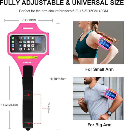 Cell Phone Running Armband with Zipper Pocket Armband Case Running Holder for iPhone 16 Pro Max/15/14 Pro Max/13/12 /11 Pro Max/XS/XR,Galaxy S20 S10,Sweatproof Arm Band with Card/Key Bag