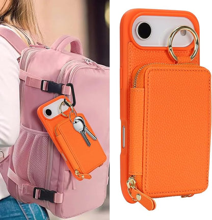 Crossbody Wallet Case for iPhone Air, PU Leather Zipper Handbag Purse Flip Cover, Kickstand Folio Case with Card Slots Holder Wrist Strap Lanyard 5G 6.5 Inch-Orange