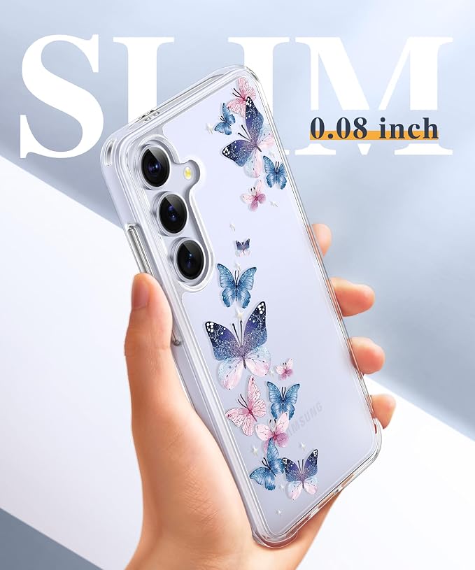 GVIEWIN for Samsung Galaxy S25 Plus Case, Clear Floral Slim Shockproof Protective Women Phone Case, Non-Yellowing, with Screen Protector & Camera Lens Protector for S25 Plus 6.7", Colorful Butterfly