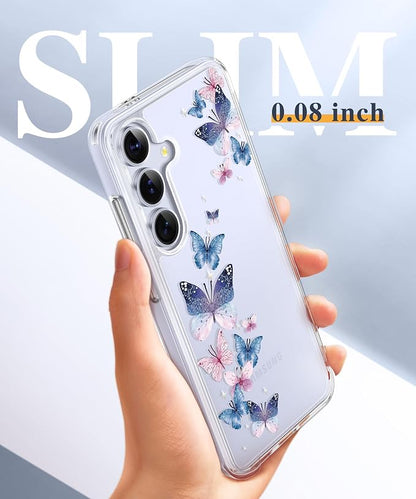 GVIEWIN for Samsung Galaxy S25 Plus Case, Clear Floral Slim Shockproof Protective Women Phone Case, Non-Yellowing, with Screen Protector & Camera Lens Protector for S25 Plus 6.7", Colorful Butterfly