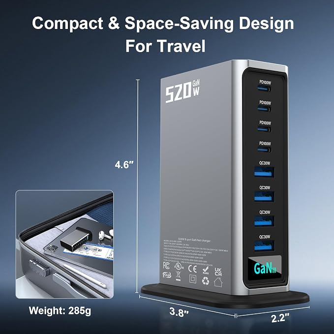 520W USB C Fast Charger Block, PD 3.1 100W 8 Port USB Charging Station, GaN Ⅲ Fast Charging Station for Multiple Devices, Laptop Wall Charger Compatible with iPhone 17/iPad/MacBook etc