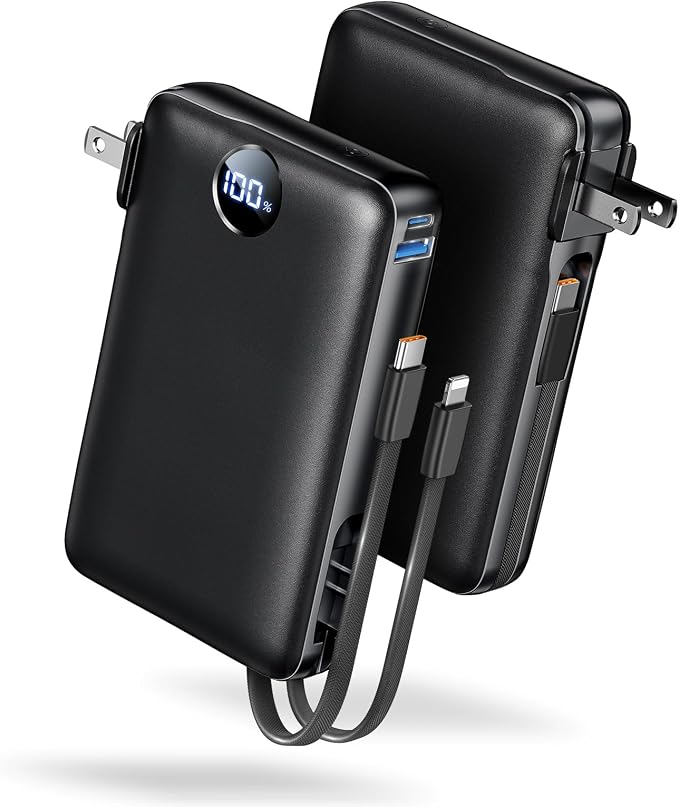Portable Charger with Built-in Cables & Wall Plug, 50000mAh Power Bank, 4 Outputs 22.5W USB C Fast Charging, Slim Travel Battery Pack with LED Display for iPhone 17/16/15/14, Dark