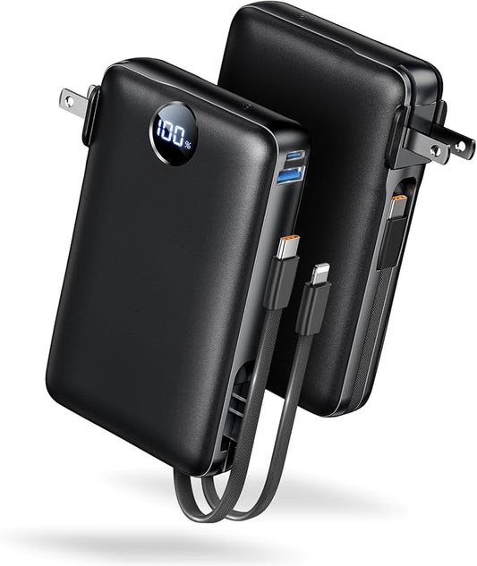 Portable Charger with Built-in Cables & Wall Plug, 50000mAh Power Bank, 4 Outputs 22.5W USB C Fast Charging, Slim Travel Battery Pack with LED Display for iPhone 17/16/15/14, Dark