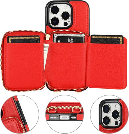 Bocasal RFID Blocking Wallet Case for iPhone 16 Pro, Adjustable Crossbody Zipper Purse Case Card Holder with Kickstand Detachable Wrist Strap, PU Leather Flip Folio Case 6.3 Inch 5G (Red)