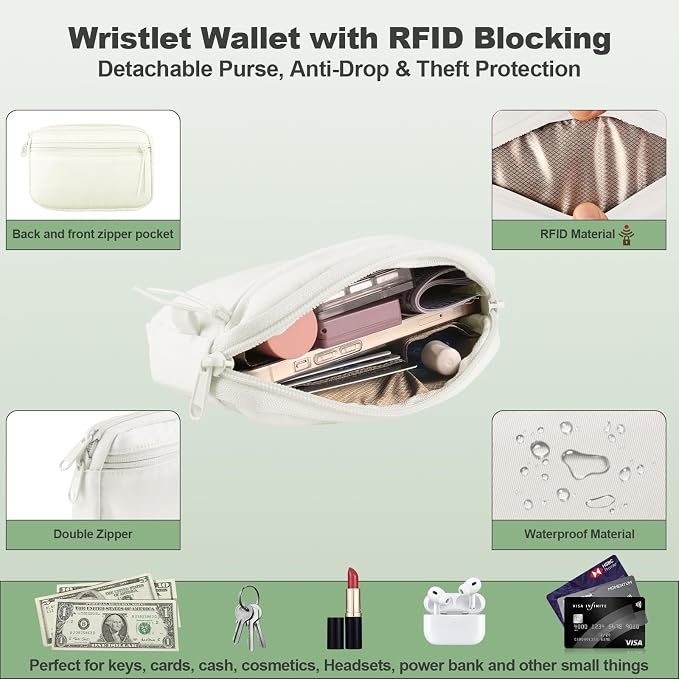 YFWE Clip and Go Strap for Phone with Wallet Crossbody, Adjustable Phone Lanyard with Detachable RFID Wristlet Wallet & Ultra-Thin 360° Rotatable Metal Tabs for All Smartphones (Cream)
