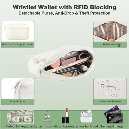 YFWE Clip and Go Strap for Phone with Wallet Crossbody, Adjustable Phone Lanyard with Detachable RFID Wristlet Wallet & Ultra-Thin 360° Rotatable Metal Tabs for All Smartphones (Cream)