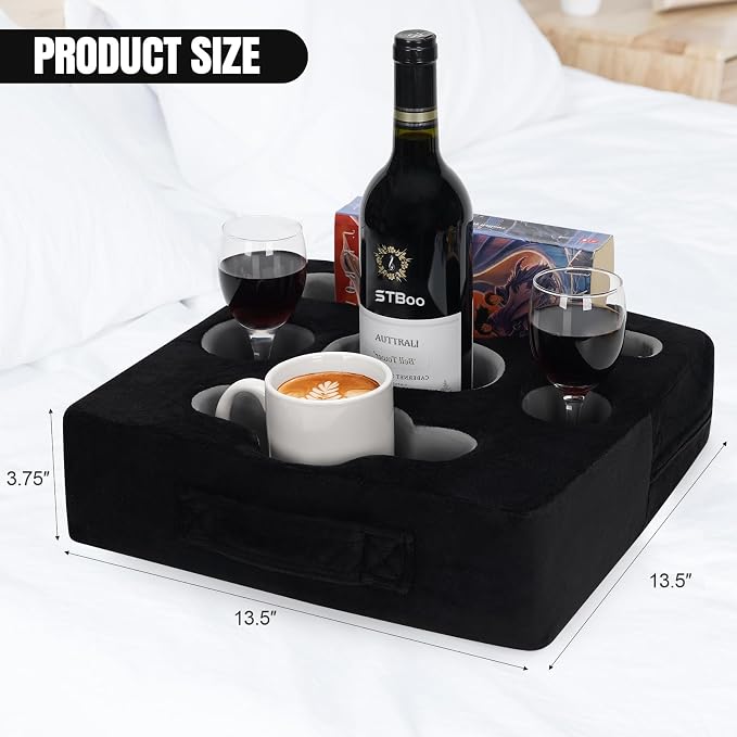 STBoo Couch Cup Holder Pillow Tray - Sofa Drink Cup Holder Cozy Buddy | Bed Caddy Organizer for Remote, Snacks Beverage, Phones, Tablet | Use it on Car, Pack, Beach, RV, Boat, Bedroom (Black)
