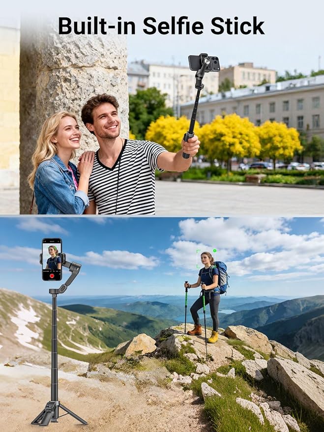 AOCHUAN Smart X3 360° Pan Rotation Gimbal Stabilizer for iPhone, Magnetic Remote Control, 3-Axis Stabilizer w/Built-in Extension Rod & One-Touch Open Tripod, Foldable Phone Gimbal for Vlogging, Travel