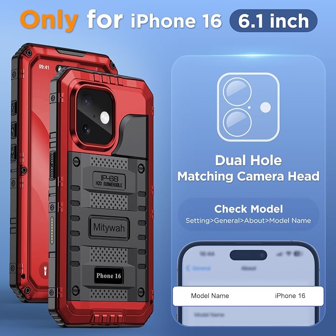 Mitywah Waterproof Case for iPhone 16, Shockproof Heavy Duty Case with Built-in Screen Protector, Underwater Full Body Protective Metal Case 6.1 inch, Red