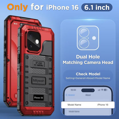 Mitywah Waterproof Case for iPhone 16, Shockproof Heavy Duty Case with Built-in Screen Protector, Underwater Full Body Protective Metal Case 6.1 inch, Red