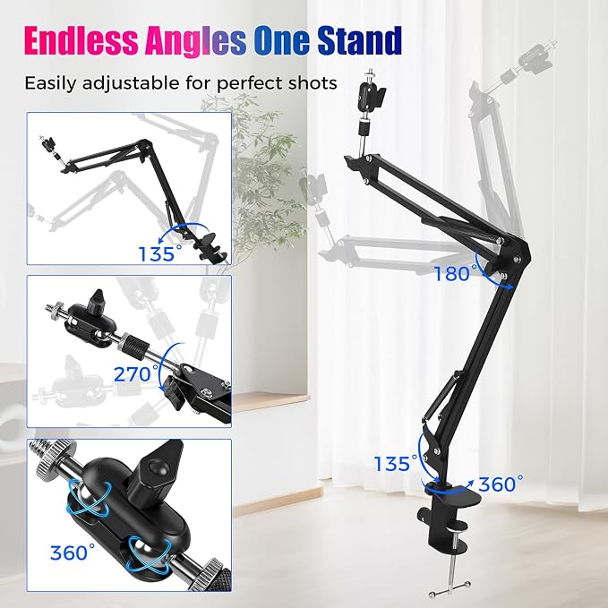 30" Magic Arm Holder w Clamp - Overhead Phone Mount for Desk, Smooth 360° 1/4" & 5/8" Thread Webcam Stand for Phone, Tablet, Webcam, Mic, Camera - Content Creators & Streaming
