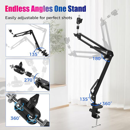 30" Magic Arm Holder w Clamp - Overhead Phone Mount for Desk, Smooth 360° 1/4" & 5/8" Thread Webcam Stand for Phone, Tablet, Webcam, Mic, Camera - Content Creators & Streaming