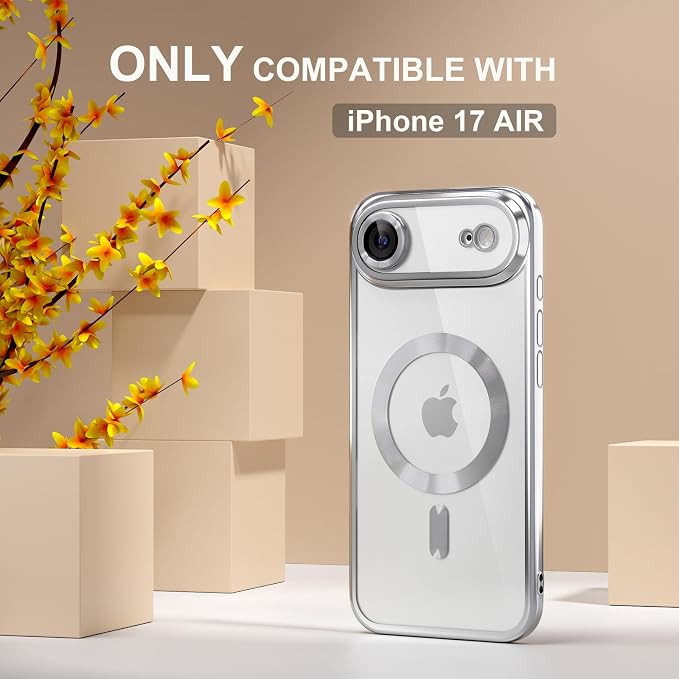 Misea Magnetic for iPhone 17 Air Case Compatible with MagSafe [Never Yellowing] [Military Grade Drop Protection] Full Camera Lens Protector Plating Soft Clear Phone Case for Women, Silver