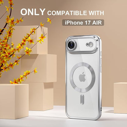 Misea Magnetic for iPhone 17 Air Case Compatible with MagSafe [Never Yellowing] [Military Grade Drop Protection] Full Camera Lens Protector Plating Soft Clear Phone Case for Women, Silver