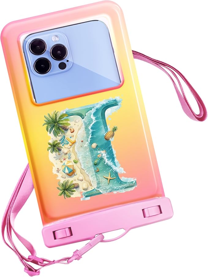 Personalized Initial Waterproof Phone Pouch Case - IPX8 Cellphone Dry Bag with Lanyard for iPhone 16/15/14/13/12 Pro Max (6.1–6.9"), Beach & Cruise Ship Essentials with Monogrammed Design (Pink, I)