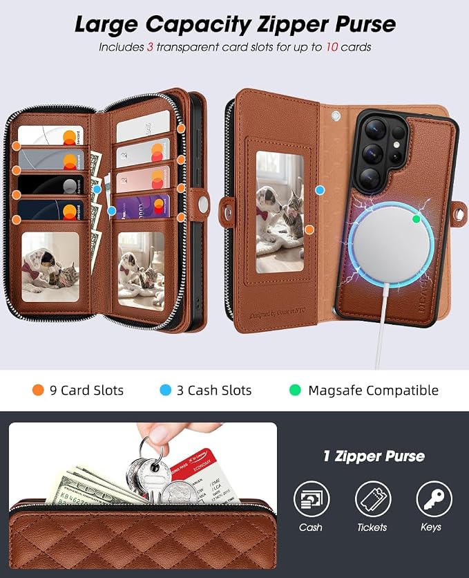 OCASE for Samsung Galaxy S26 Ultra Crossbody Detachable Wallet Case, PU Leather Handbag Phone Purse with Zipper Closure, Card Slots & RFID Blocking, Wrist Strap, Lanyard, Kickstand, Brown