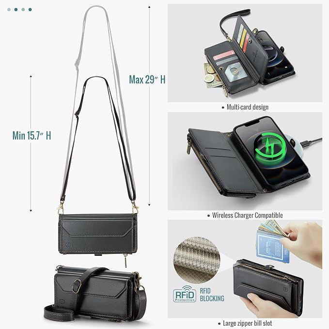 Strapurs Crossbody Wallet Case Compatible with iPhone 17e / iPhone 16e RFID Blocking 7-Card Holder PU Leather Magnetic Snap Shoulder Strap Zipper Pocket Phone Cases for iPhone 17e / 16e - Black