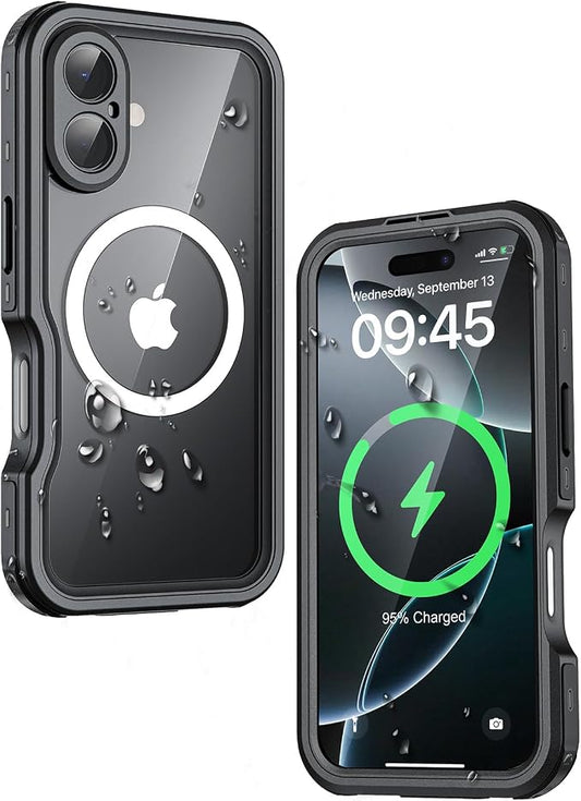 Waterproof Phone Case for iPhone 16, [Compatible with Magsafe] [IP68 Underwater] [Built-in Screen Protector & Glass Camera Protector] Full Body Shockproof Cover with Lanyard Black/Clear