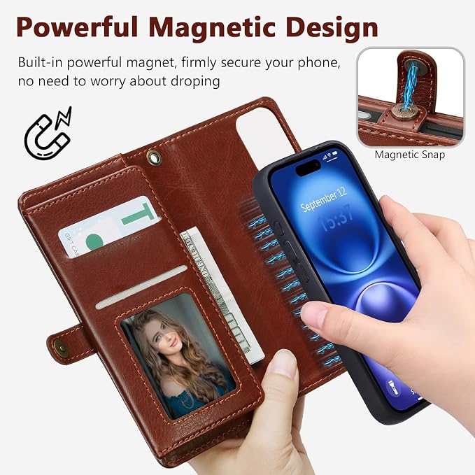 Wallet Case for iPhone 16 with Card Holder/Crossbody Wallet/Strap| RFID Blocking | Magnetic | Kickstand | Detachable | PU Leather Phone Case for iPhone 16,6.1 in,Brown