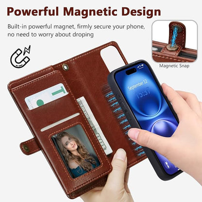 Wallet Case for iPhone 16 with Card Holder/Crossbody Wallet/Strap| RFID Blocking | Magnetic | Kickstand | Detachable | PU Leather Phone Case for iPhone 16,6.1 in,Brown
