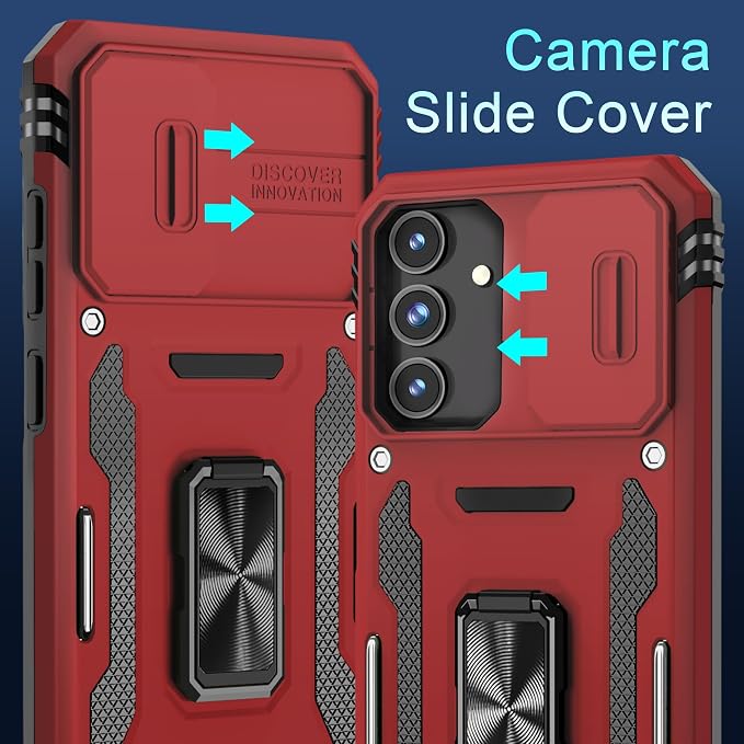 DEERLAMN Case for Samsung Galaxy S24 FE 6.7-Inch with Slide Camera Cover+Screen Protector(1 Pack), Rotated Ring Kickstand Military Grade Shockproof Protective Cover-Red