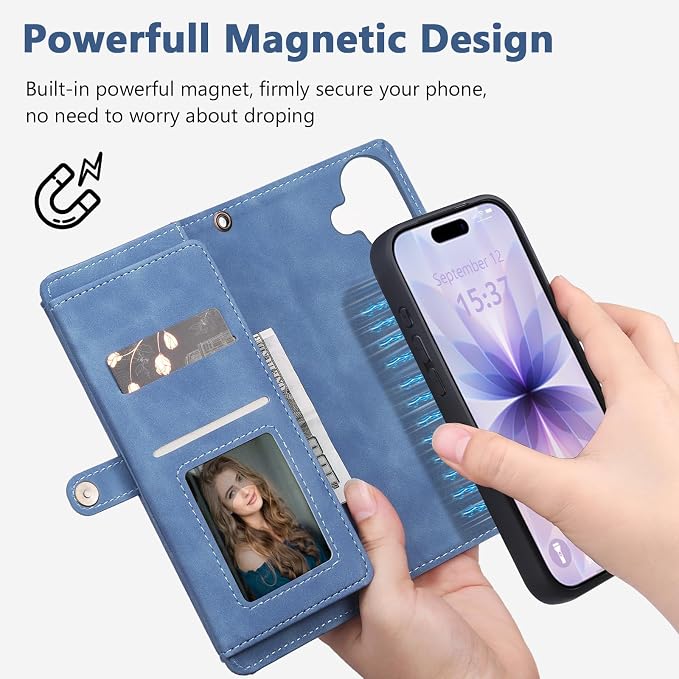Wallet Case for iPhone 17 with Card Holder/Crossbody Wallet/Strap,[RFID Blocking][Magnetic] PU Leather Phone Case for iPhone 17,6.3 in,Dream Sky Blue
