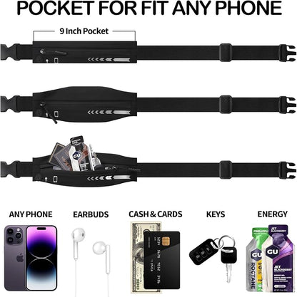USHAKE Slim Running Belt for Women Men-Runners Phone Holder Fanny Pack, Adjustable, Bounce Free Waist Pouch bag for Workout, Money Belt, Run Gear Accessories Black