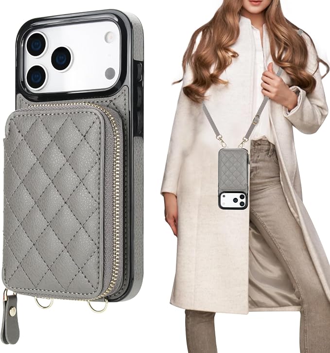 Bocasal Crossbody Wallet Case for iPhone 17 Pro Max, RFID Blocking PU Leather Zipper Handbag Purse Flip Cover, Kickstand Folio Case with Card Slots Holder Wrist Strap Lanyard 5G 6.9 Inch (Grey)
